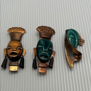 Vintage Elzac Ceramic  and Copper Tribal Face Pins - Set of 3
